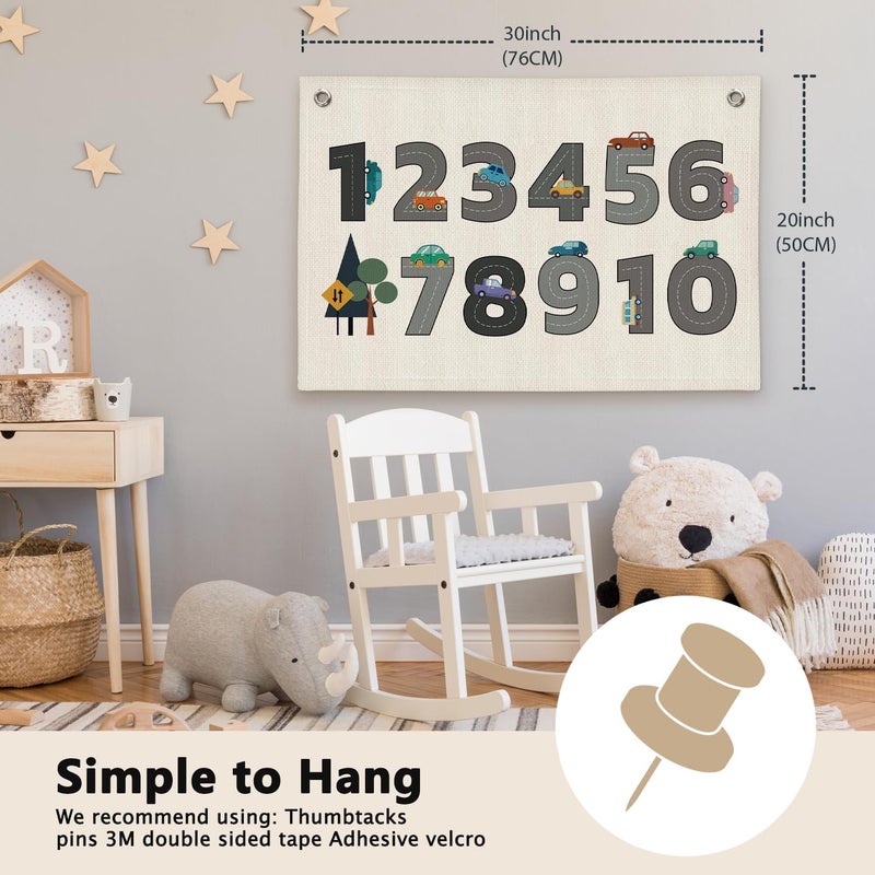 ETVISO Number 1-10 Cars Traffic Boys Kids Room Decor - Linen Banner Wall Hanging Canvas Banner Flag Decor for Toddler Boy Bedroom Nursery Playroom Classroom - Image 2